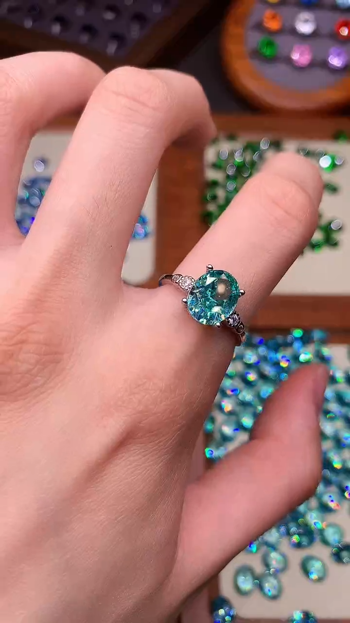 帕拉依巴碧玺戒指银S925镶嵌......