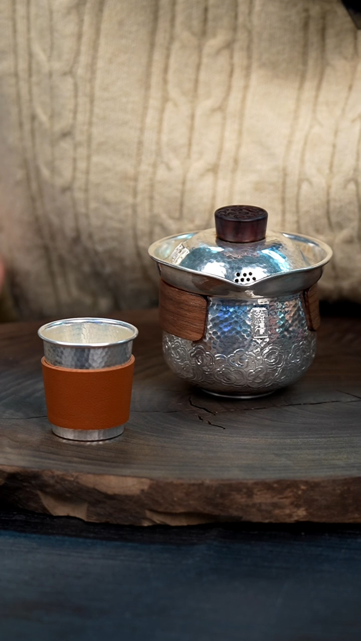 【闪购商品】手工锤纹银盖碗+1杯子