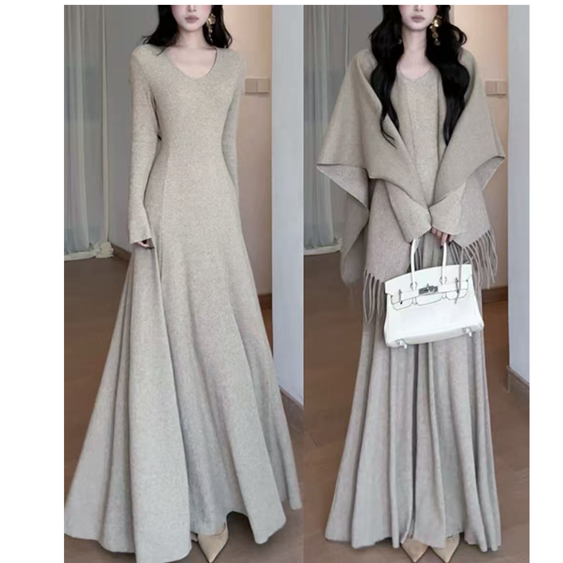 甜菜【知心姐姐】新款胖mm法式V领针织长袖加绒连衣裙女