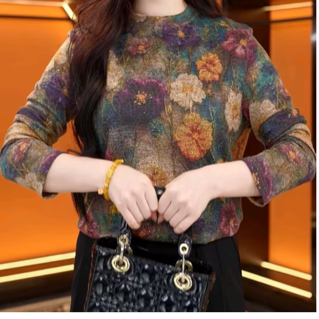 长袖外穿圆领印花德绒打底衫女大码胖mm宽松遮肚显瘦T恤百搭小衫