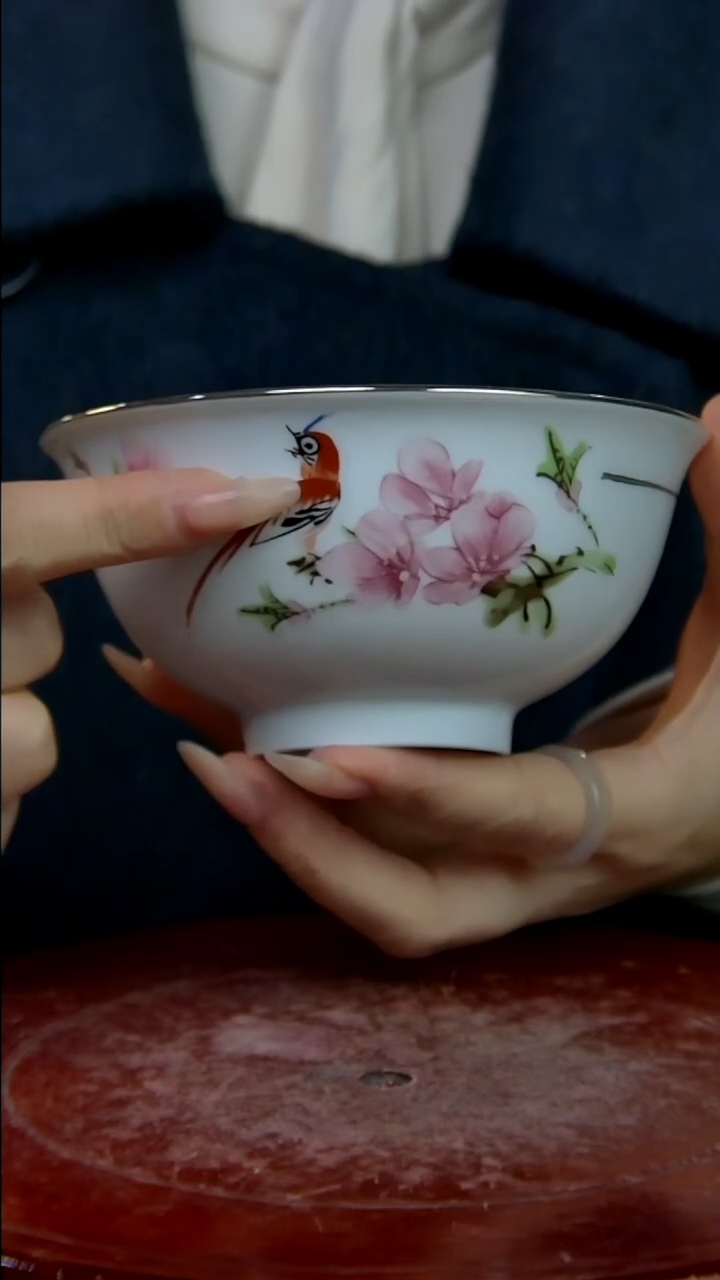 摆件陶水点桃花描金米饭碗
