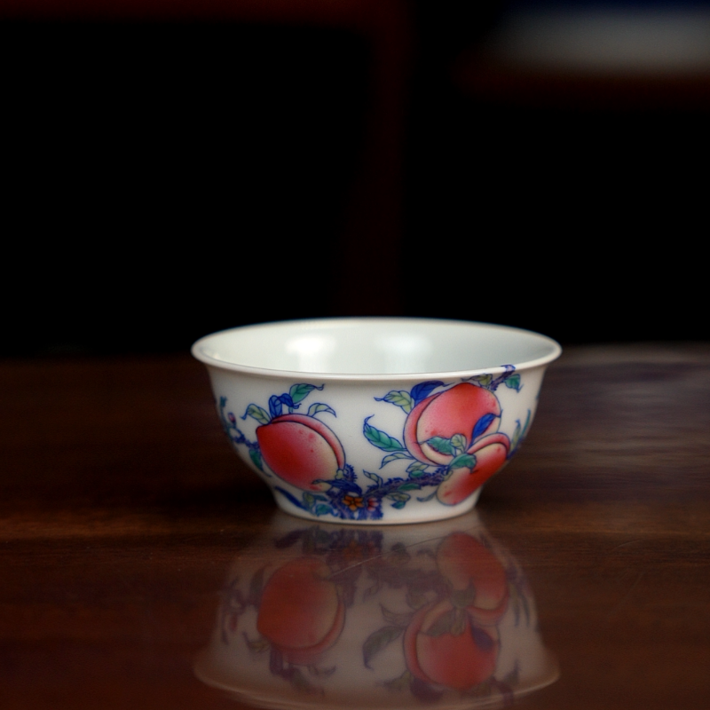 空山明月新斗彩五桃主人杯金典中式马蹄茶杯寿桃陶瓷茶杯手绘茶器