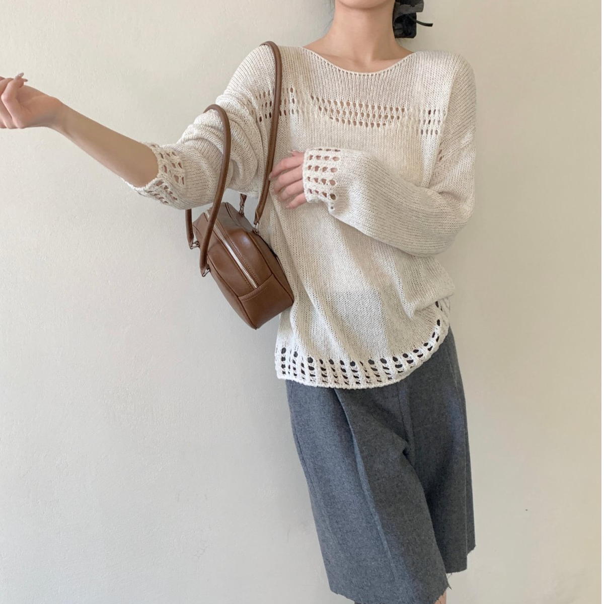 【素简.960162】春款上新天爽亚麻镂空洞洞红人上新混纺针织衫