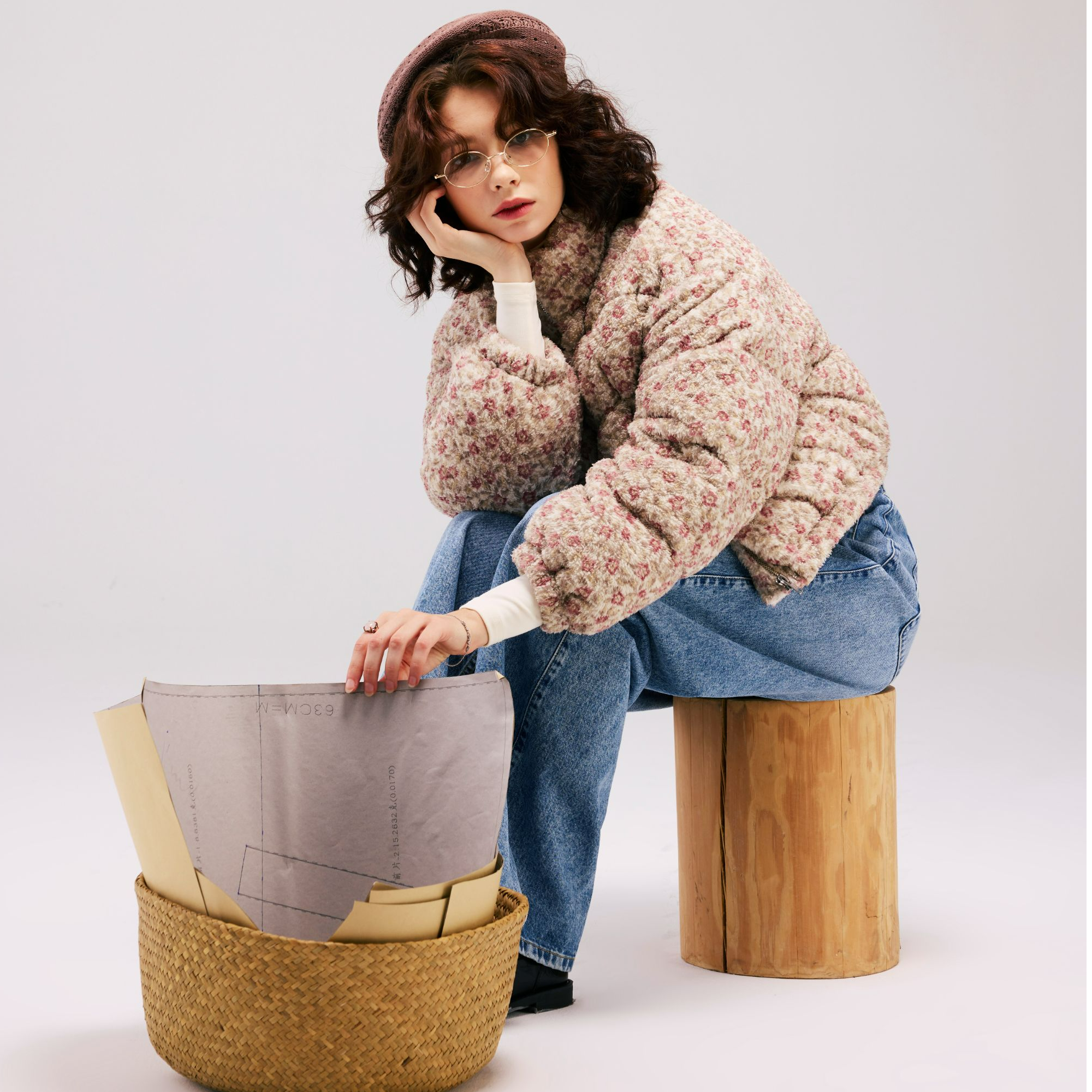 COCCARA碎花短款休闲复古时髦立领百搭小众设计外套e款绒