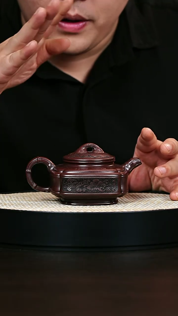 茶壶紫砂四方双线竹鼓 明红砂