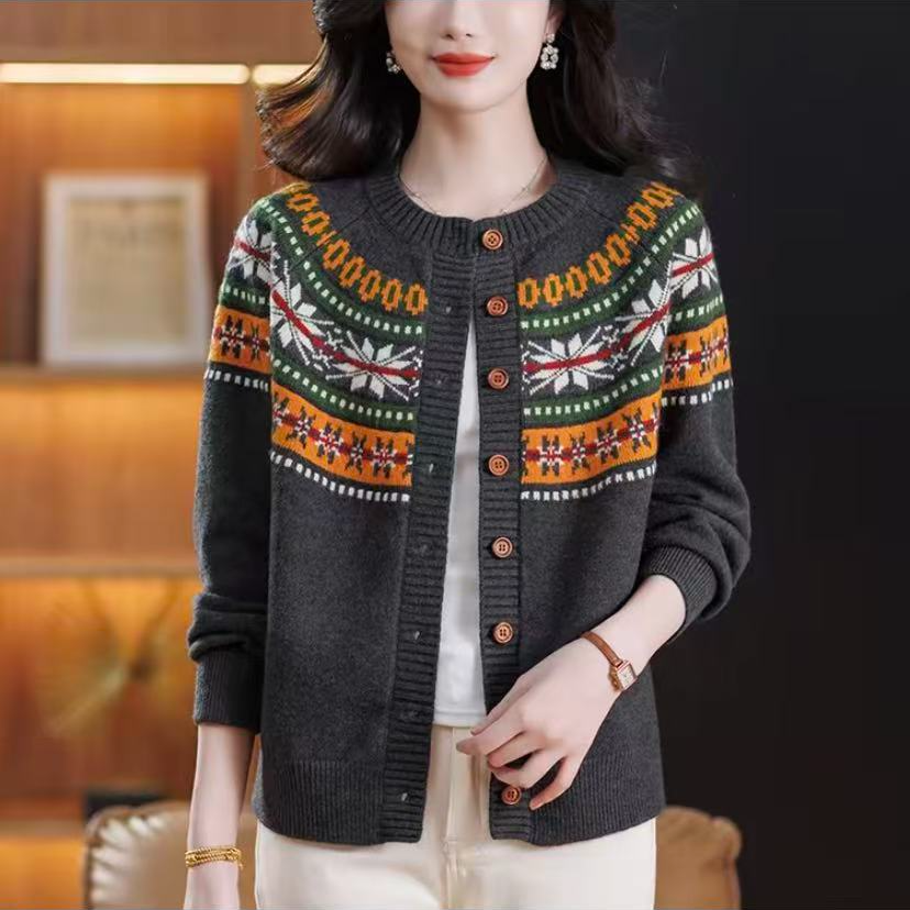 费尔岛【枫叶提花开衫-深灰色】/柔软舒适亲肤针织衫