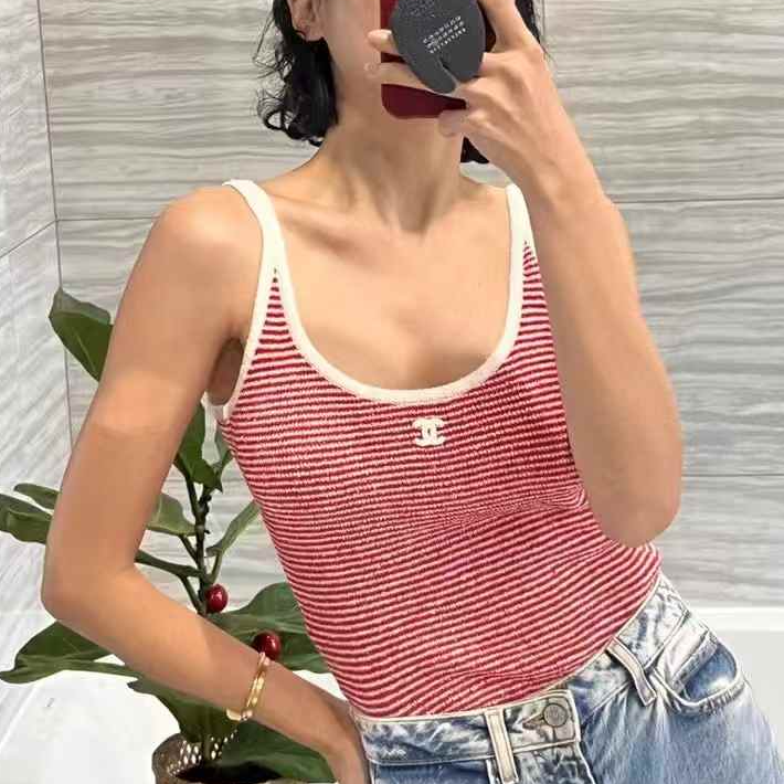 99新 Chanel/香奈儿  38码23C红白条纹双C吊带上衣