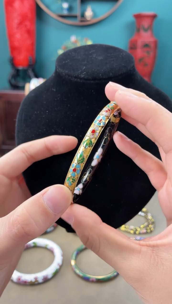 非遗 景泰蓝开口镯 半金地黑色