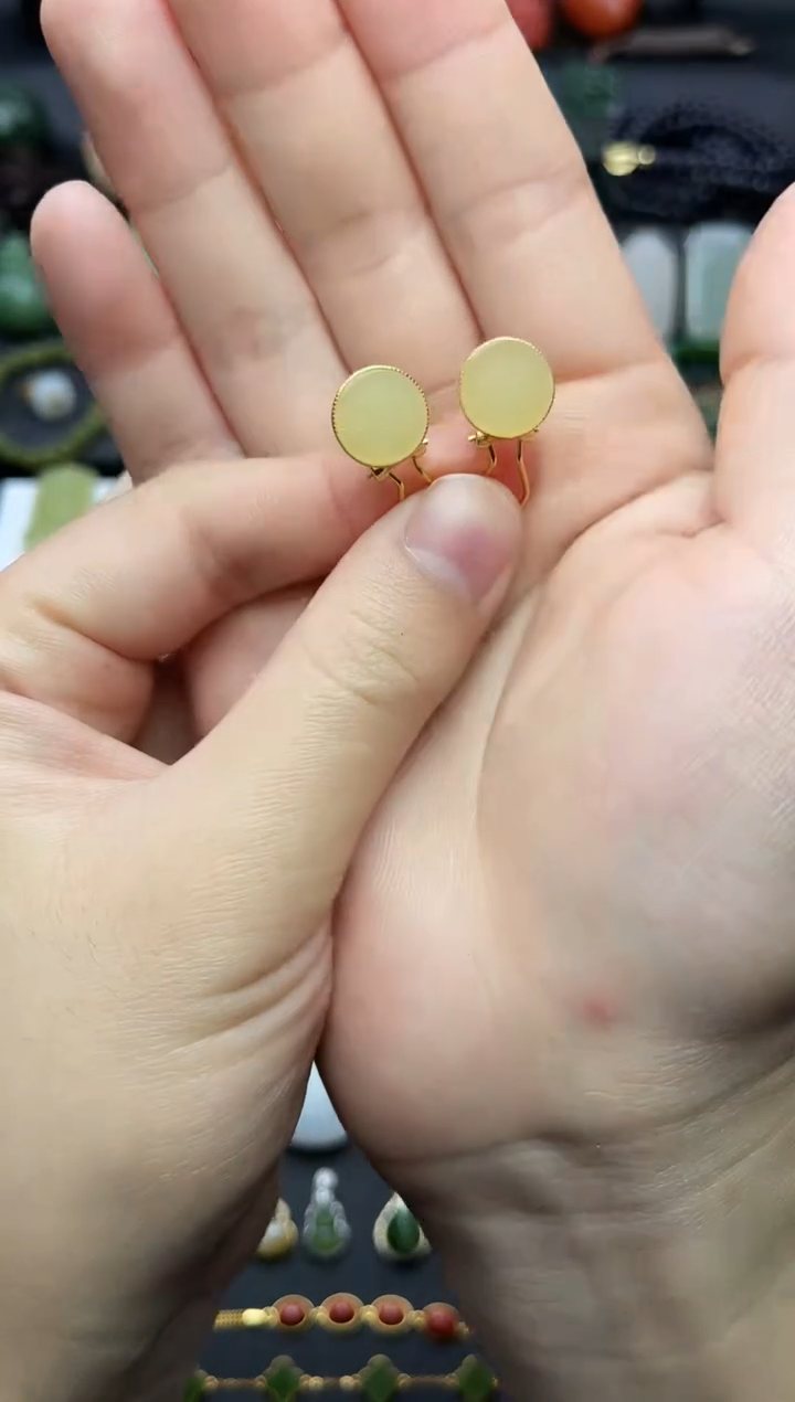 银S925镶嵌和田玉耳饰黄口耳夹06