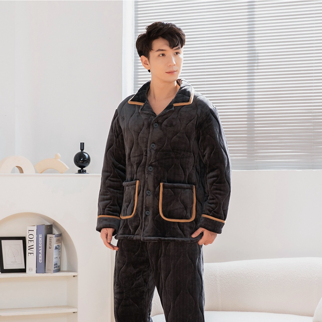 中老年睡衣男款秋冬季加绒加厚冰岛绒三层夹棉袄冰岛绒保暖家居服