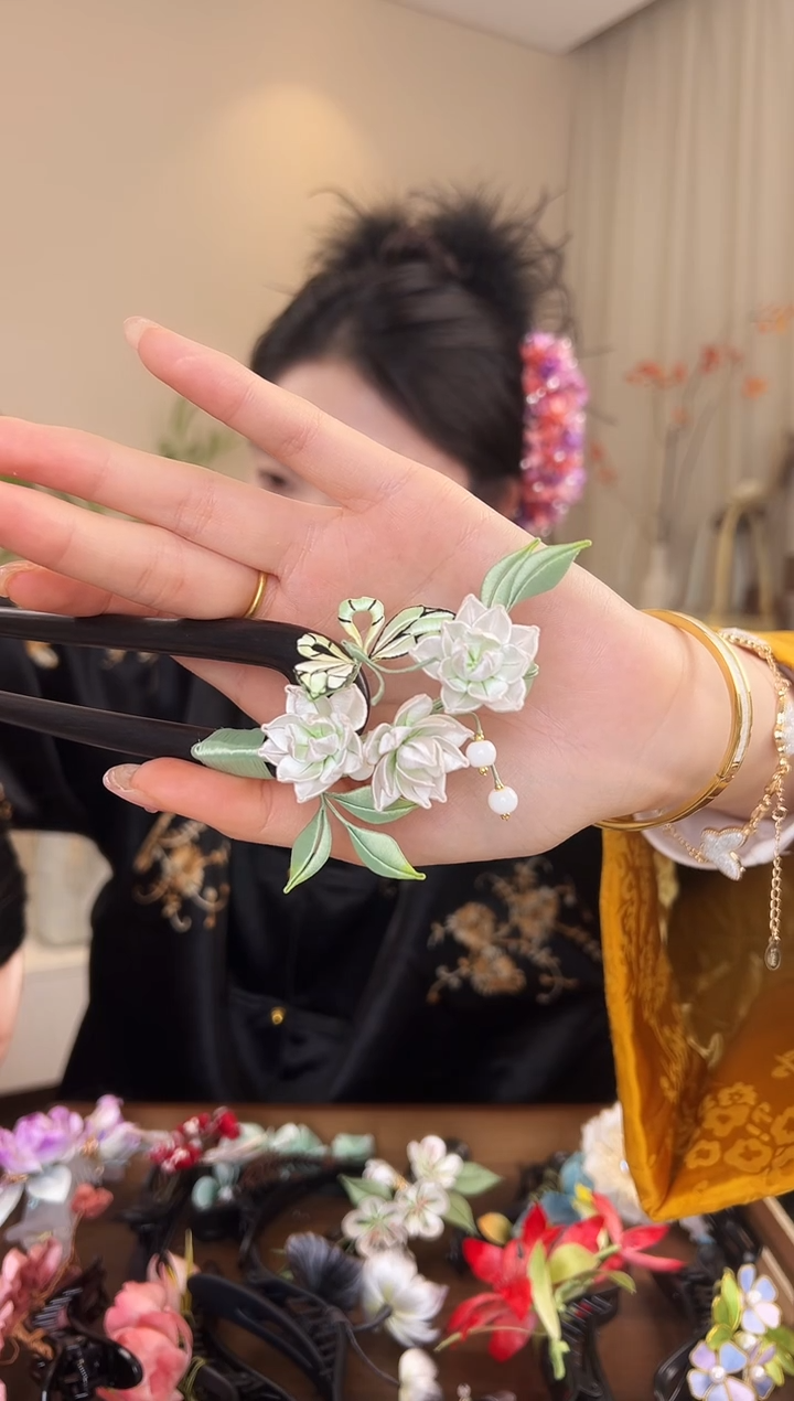 刺绣缠花茉莉花双u木簪