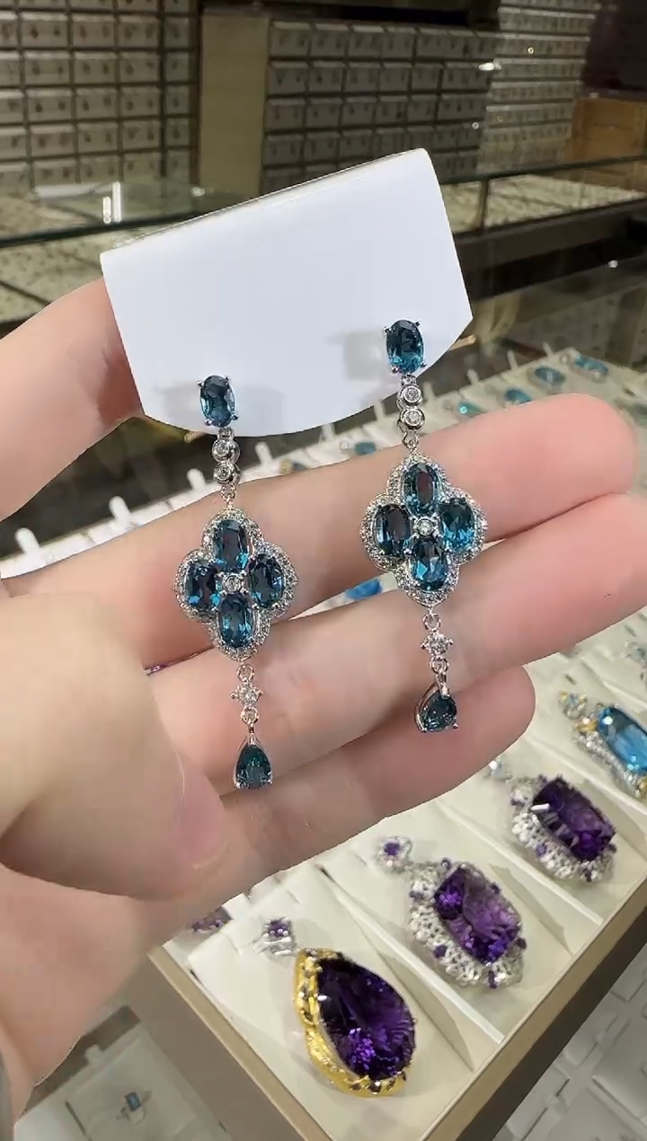 银S925镶嵌托帕石耳饰伦敦蓝耳坠高级款