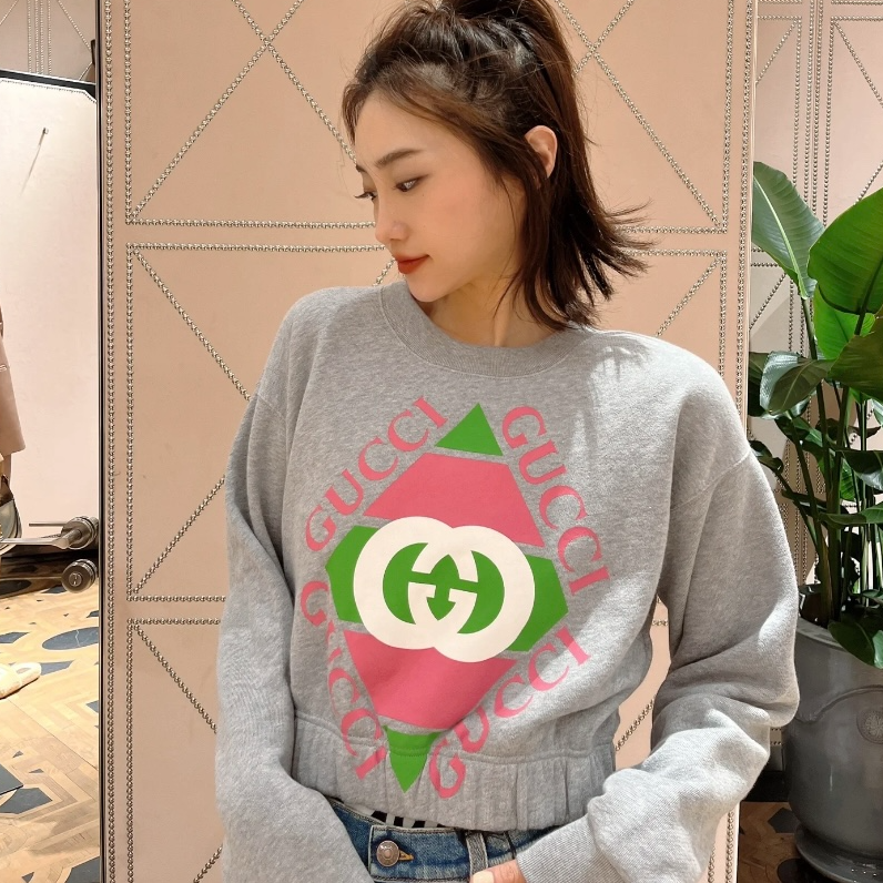 未使用 GUCCI/古驰 字母图案印花圆领短款长袖卫衣