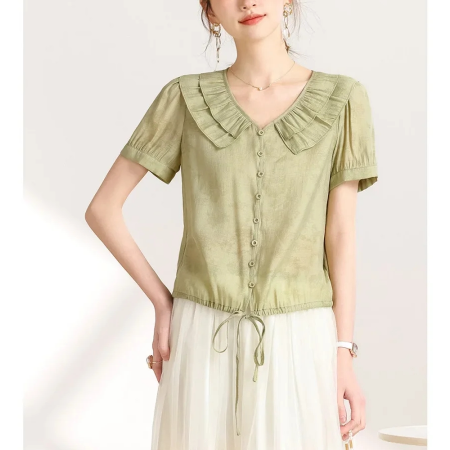 D544短袖薄款常规款夏季荷叶边衬衫上衣气质显瘦衬衣短款