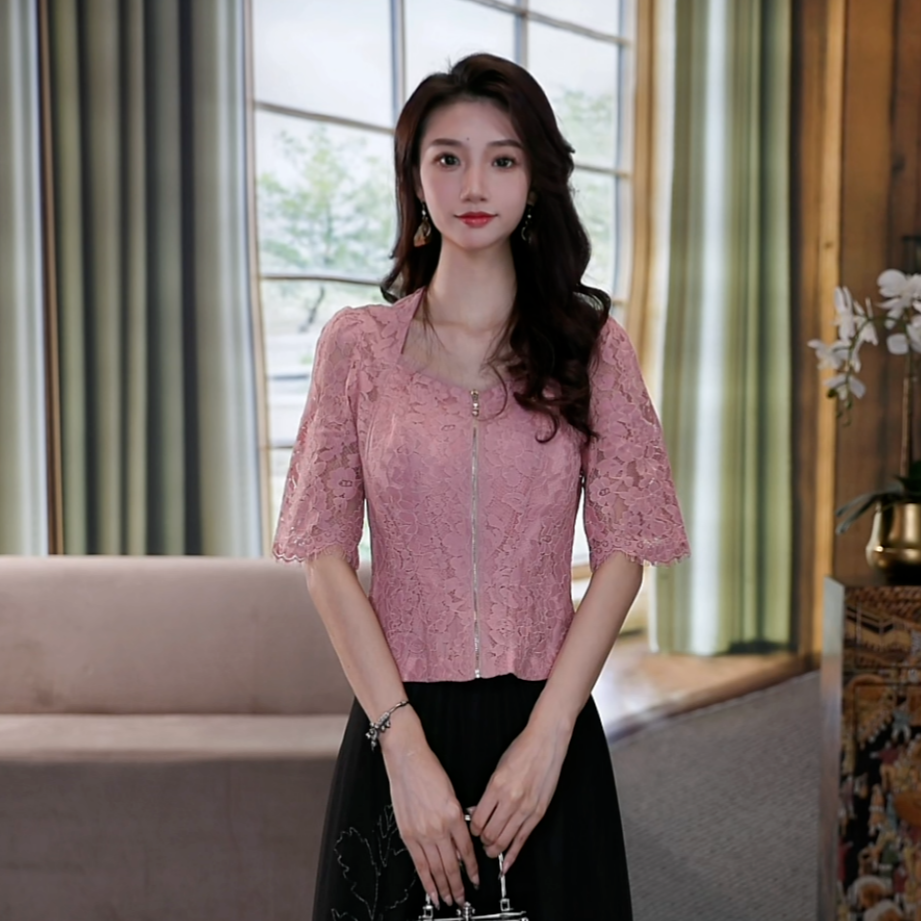 SUSSI/古色“浪漫温柔”繁花港品桃花粉百搭款蕾丝显瘦收腰上衣女装