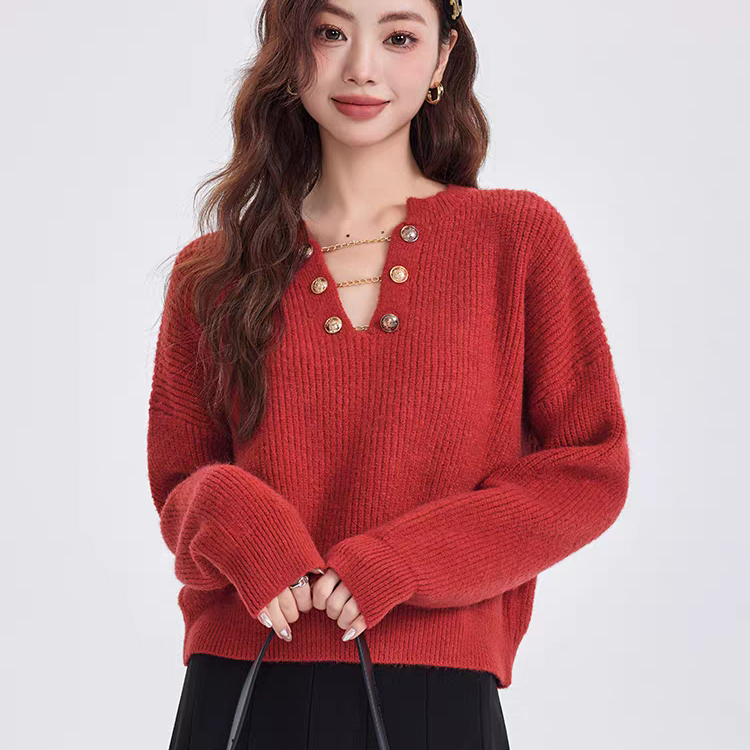 早春V领链条红色毛衣女秋冬内搭宽松短款毛针织衫套头网红毛衣