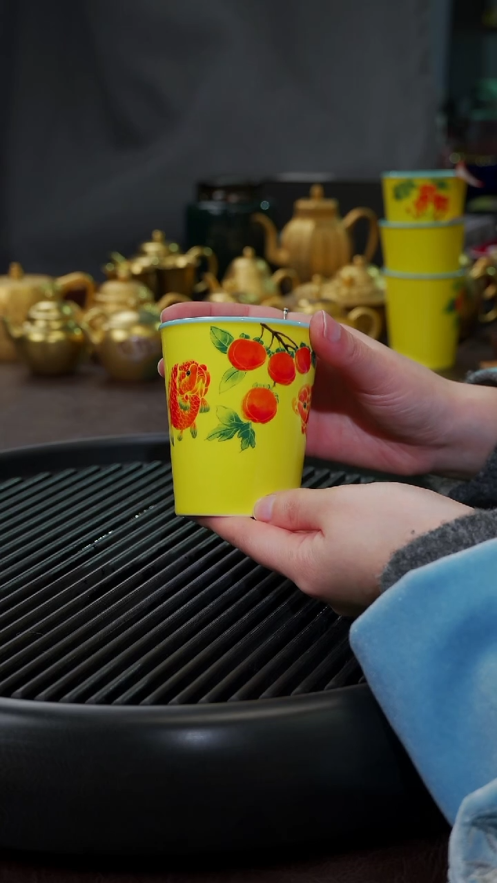 【闪购商品】杯【宜景窑焦黄釉】手绘柿子双鱼可乐杯4