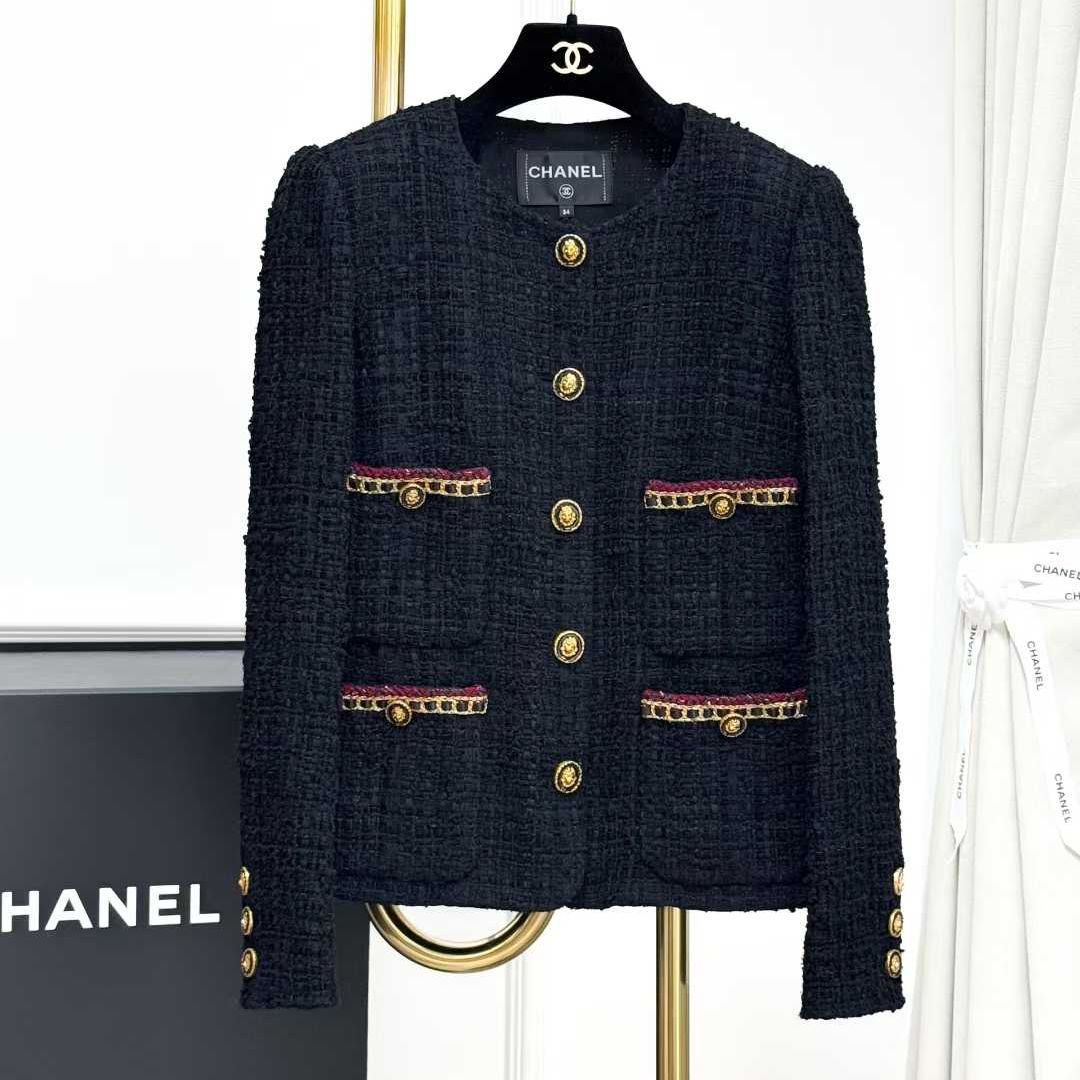99新 Chanel/香奈儿 34码21A城堡系列皮穿链四口袋黑色长袖外套 