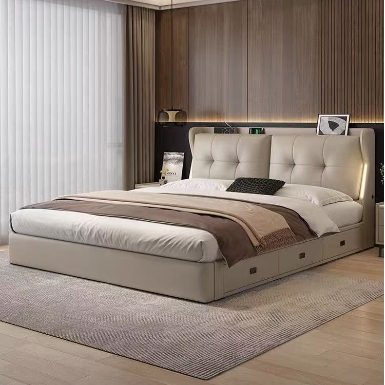 6080#意式极简轻奢真皮皮艺床主卧室双人床轻奢婚床次卧床实木床