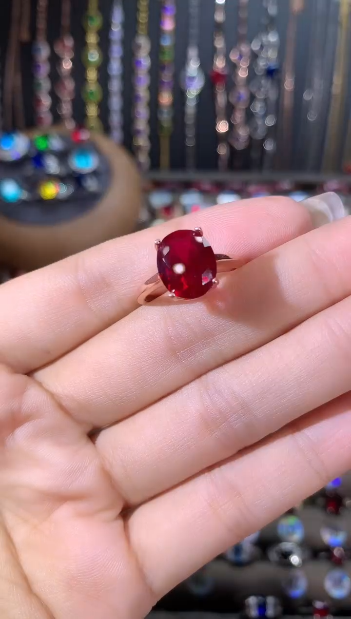 银S925镶嵌戒指红宝石玫瑰金911酒红