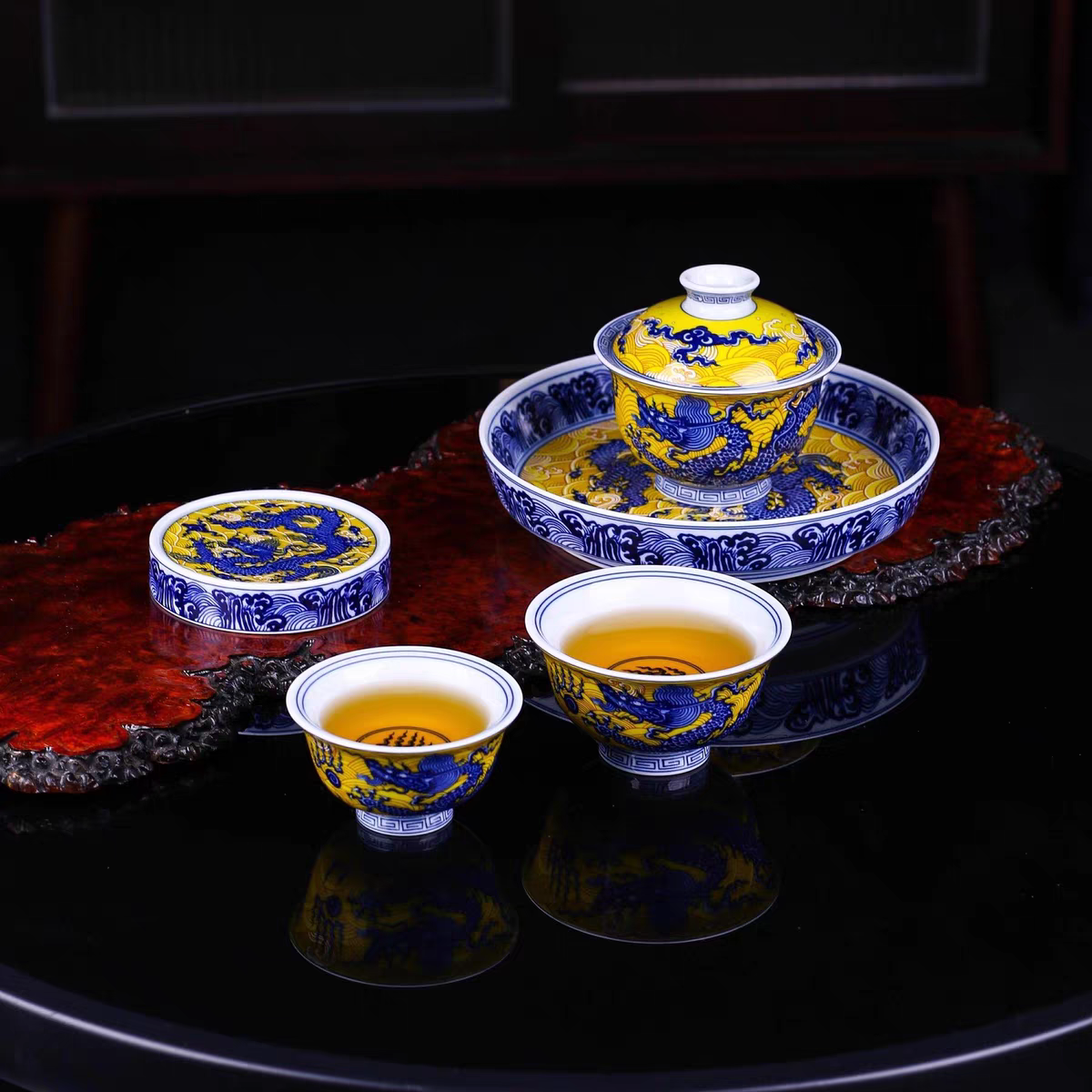 景德镇手工制作釉下彩青花瓷黄釉海水龙陶瓷茶具套装（多款选择）