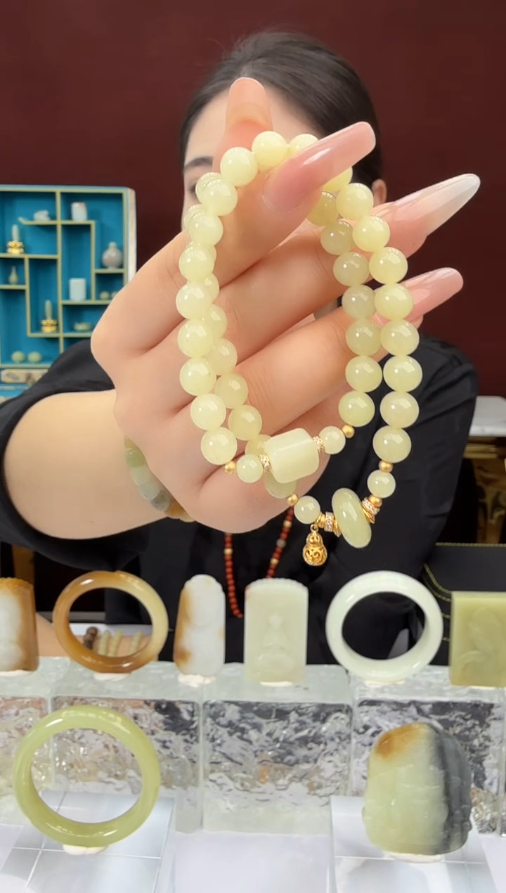 未镶嵌手串和田玉（糖玉）闪购甘黄双圈手串