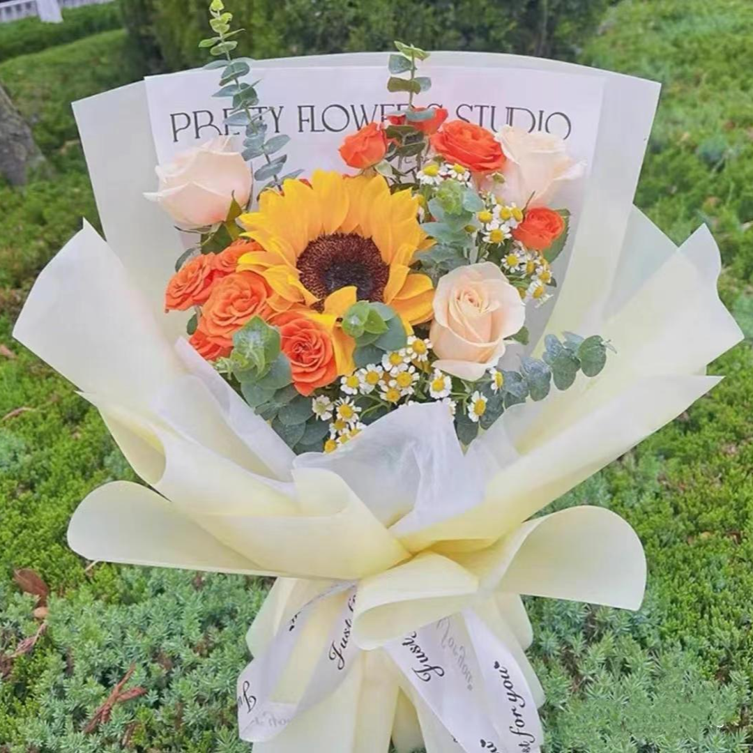 {教师节谢师恩 盲选不出错}1支向日葵3支香槟玫瑰鲜花花束送老师送长辈送班主任送货上门