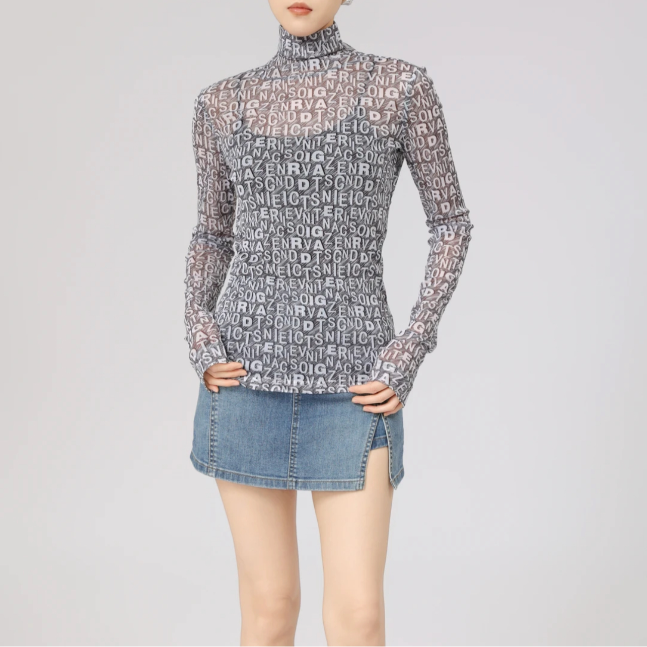 GIRDEAR/哥弟新款显瘦高领长袖百搭网红纱造型衫字母上衣1300237