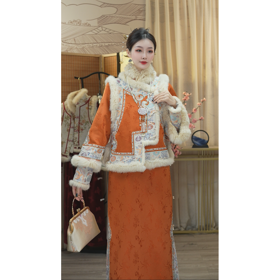 微岚熙2024冬季新款加绒中式长款中国风复古女装裙（2361+2362）
