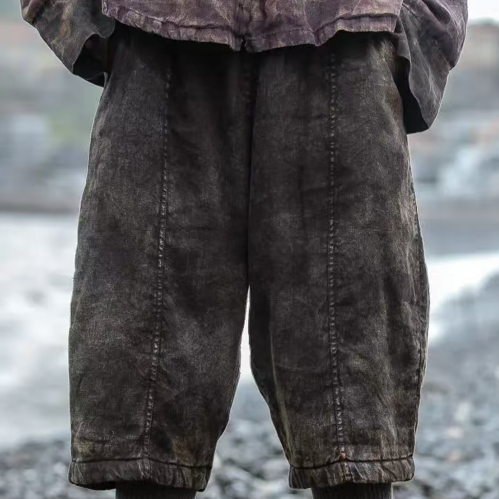 原创麻依者外麻里棉斑驳做旧直筒夹棉六分裤2022春701【福利款】