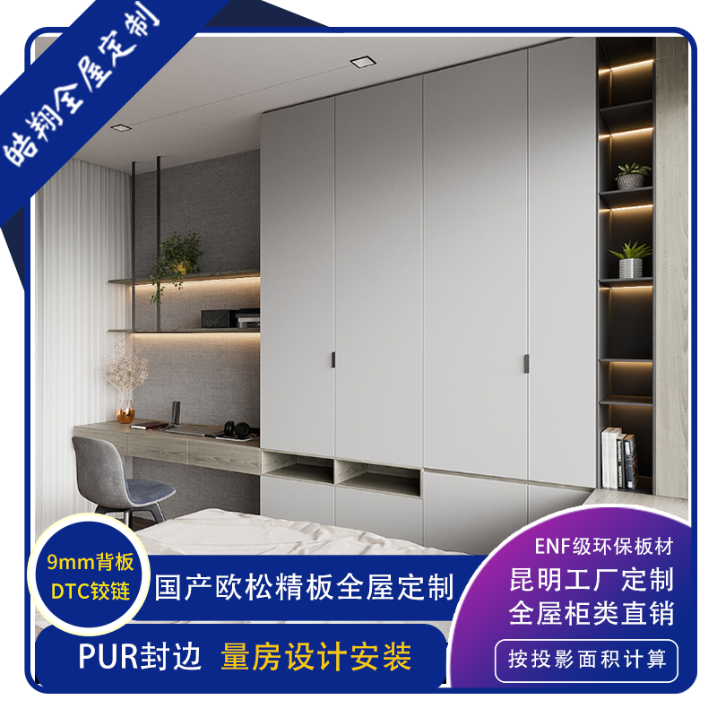 昆明全屋定制18mm欧松精板柜门柜体DTC家用主卧轻奢肤感衣柜直销