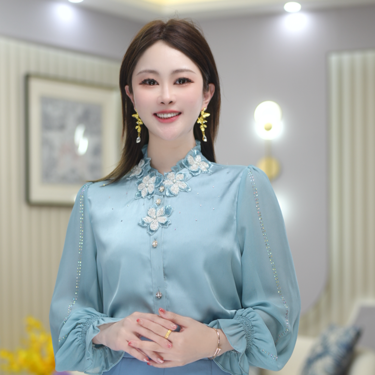 米娅 春季新款气质优雅轻奢蓝色长袖衬衫时尚百搭女士上衣 DY5432