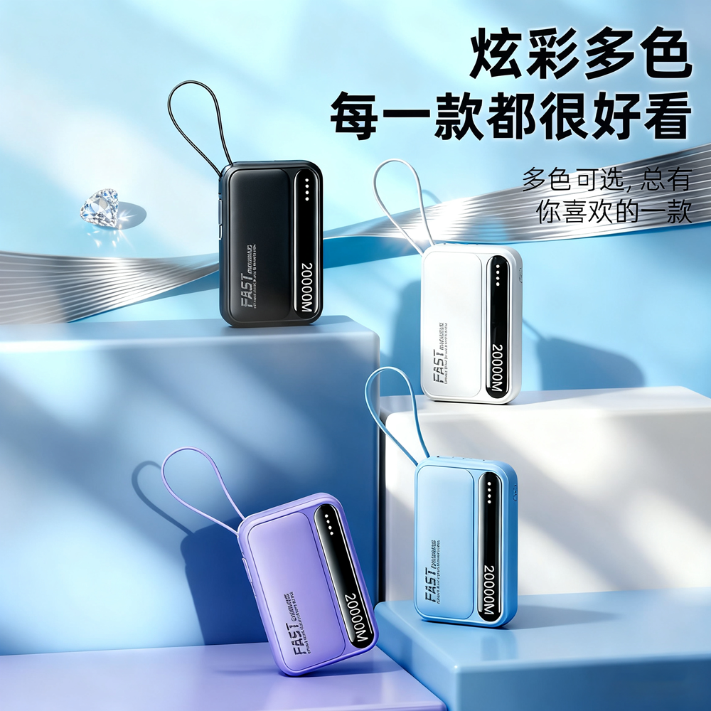 3C认证充电宝20000m快充自带四线超薄迷你便携小巧大容量小体积