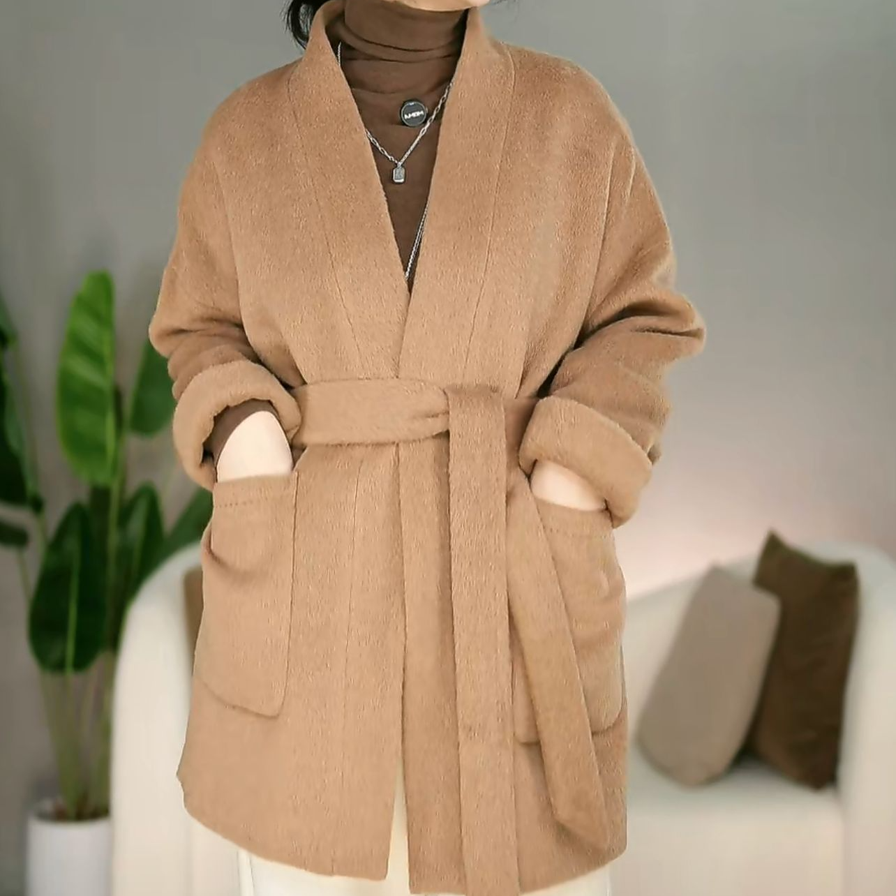 2025年新款长袖纯色春秋冬轻奢休闲时尚气质简约毛呢女外套-52073