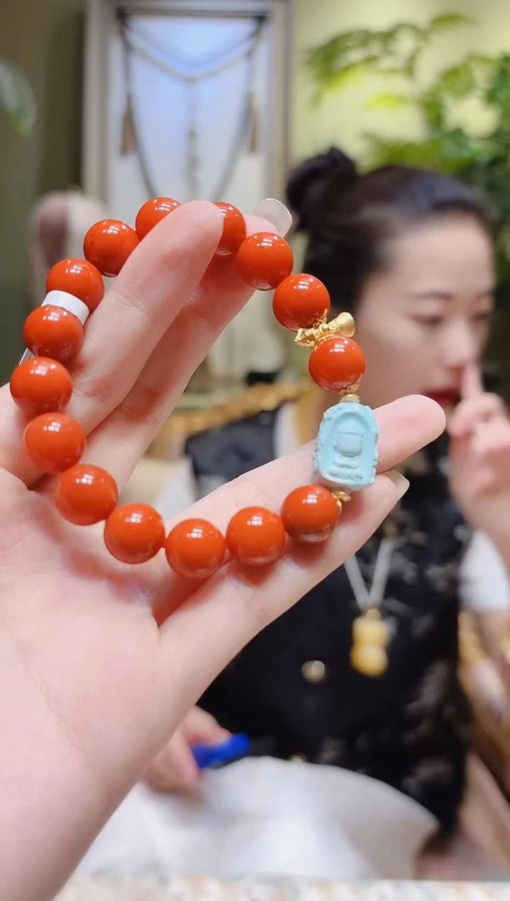 【闪购商品】南红玛瑙手串18K金镶嵌绿松无相佛降魔铃南红手串11