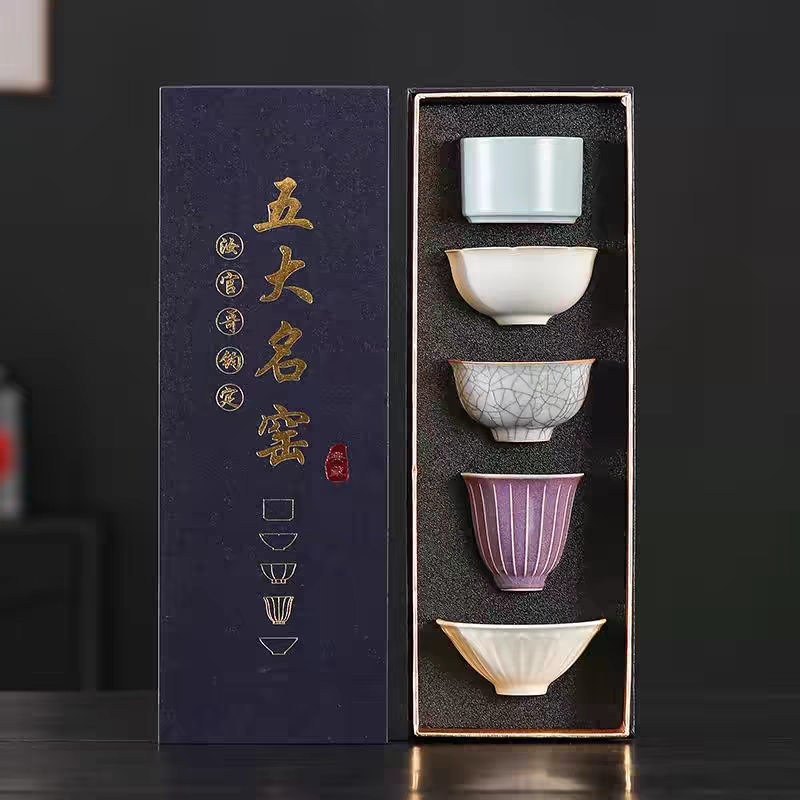 五大名窑茶杯礼盒装家用办公送礼茶具品茗杯单杯套装汝窑哥窑定窑