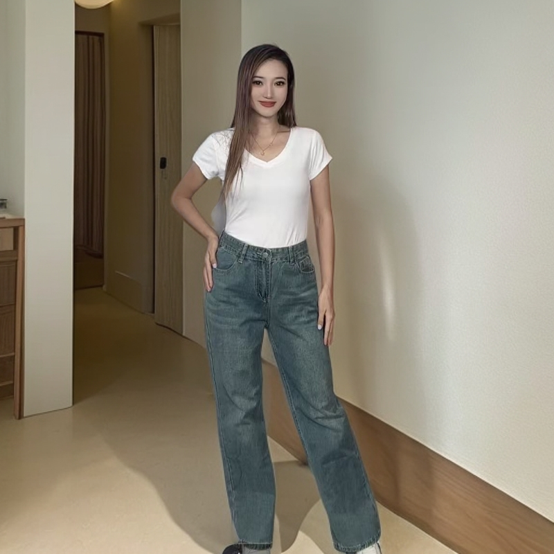 811水洗女中腰复古牛仔裤常规款直筒厚款裤子时尚高腰