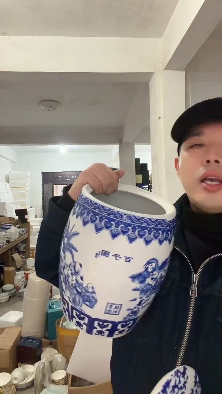 高温陶瓷青花童子储物罐10斤