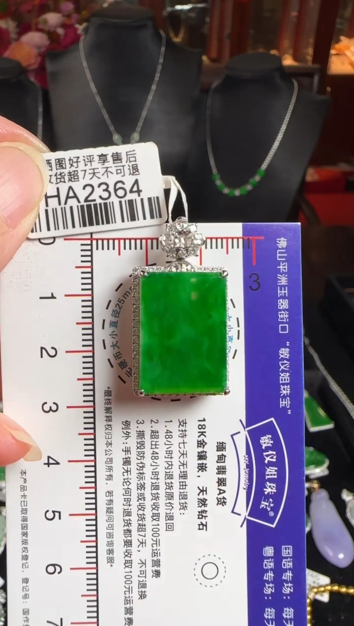 颈饰18K金镶嵌翡翠HA2364冰辣绿无事牌