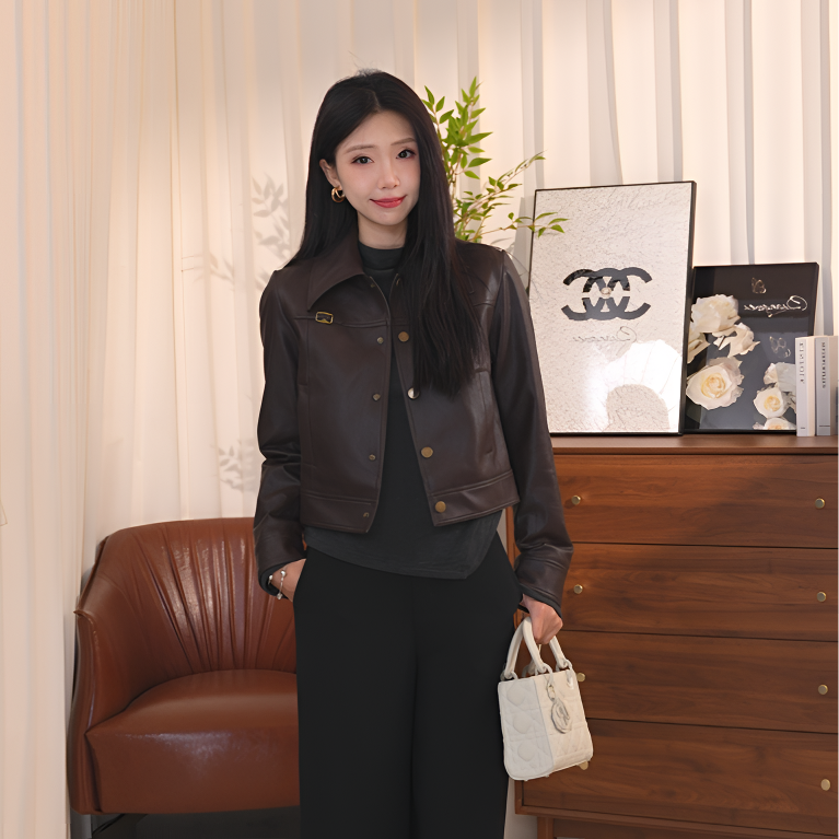 H334【朗】25秋冬新款高级短款皮衣夹克复古女士外套