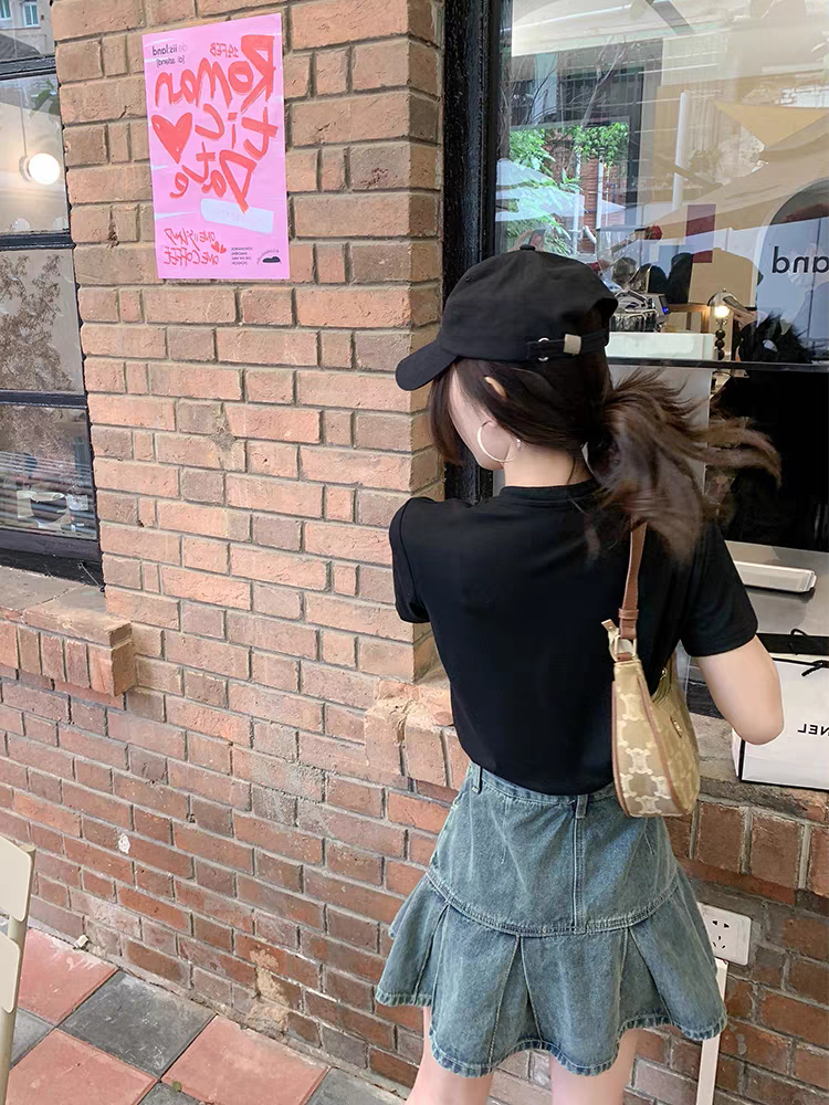 辣妹百褶牛仔短裙女夏季新款百搭压褶高腰显瘦复古a字半身裙子潮