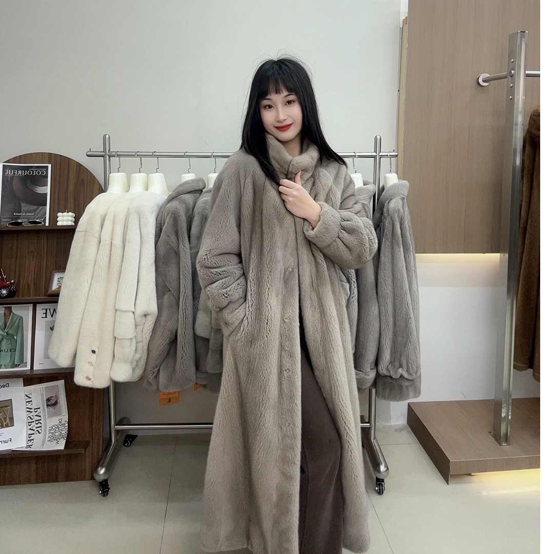 0093银蓝本色紫金短二立领韩版直筒长大衣水貂外套