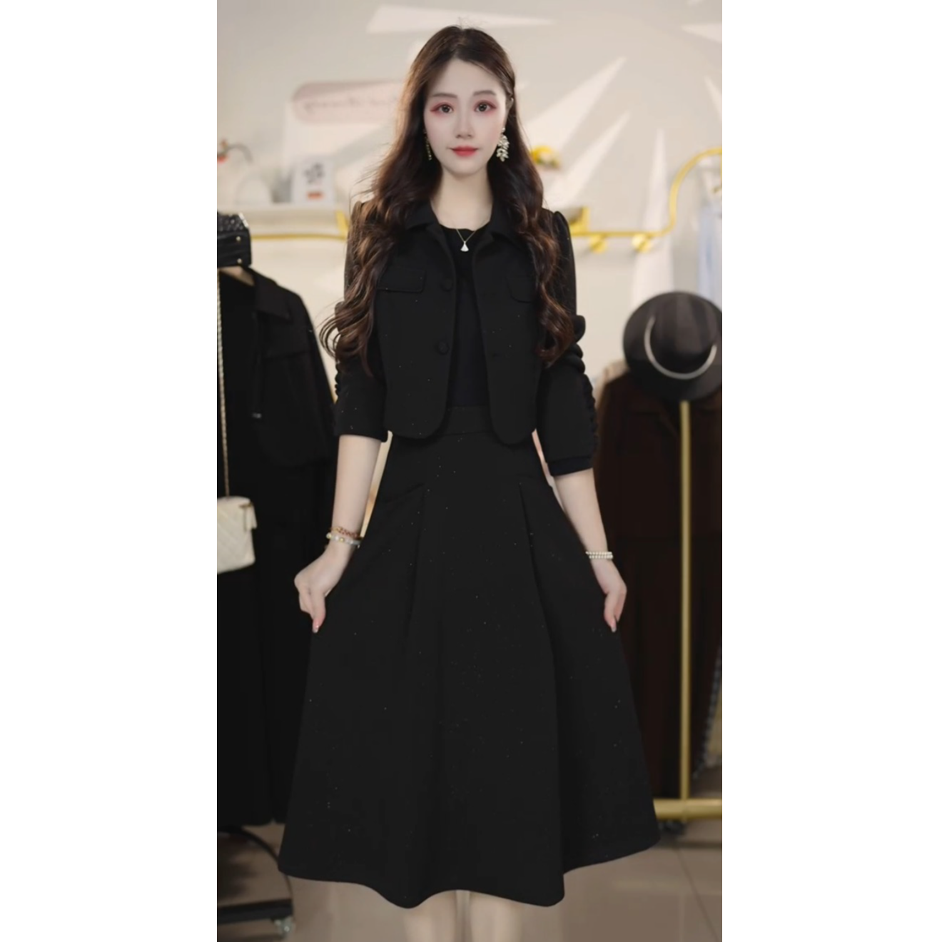 时尚气质两件套连衣裙2025秋冬新款显瘦套装中长裙子Y6590702