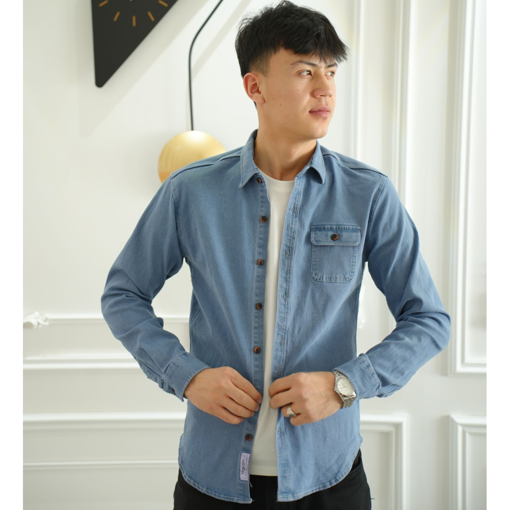 男士长袖牛仔衬衫休闲纯棉外套简约口袋设计百搭上衣