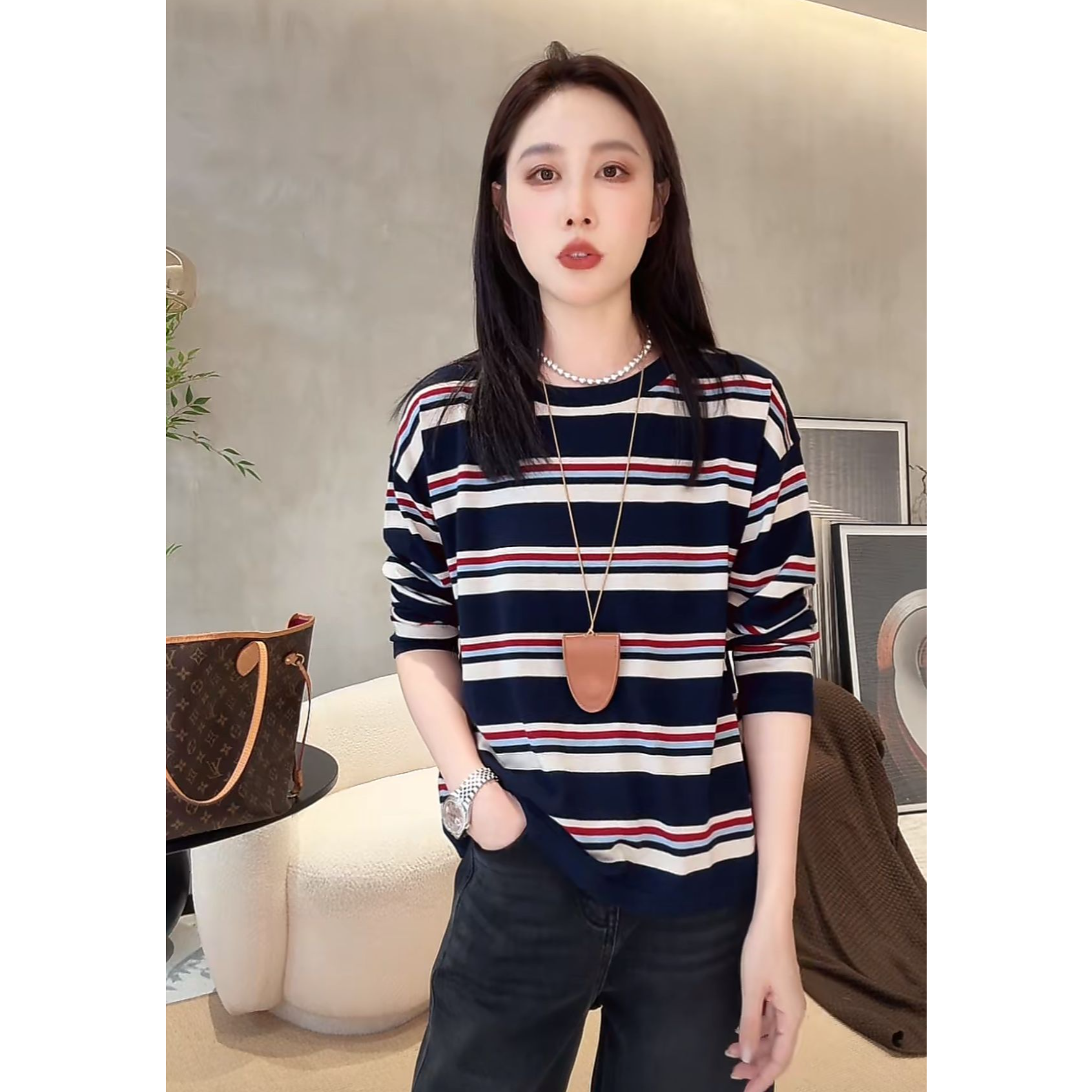 【初奢自制】三色堇针织衫 羊绒|条纹宽松圆领长袖上衣
