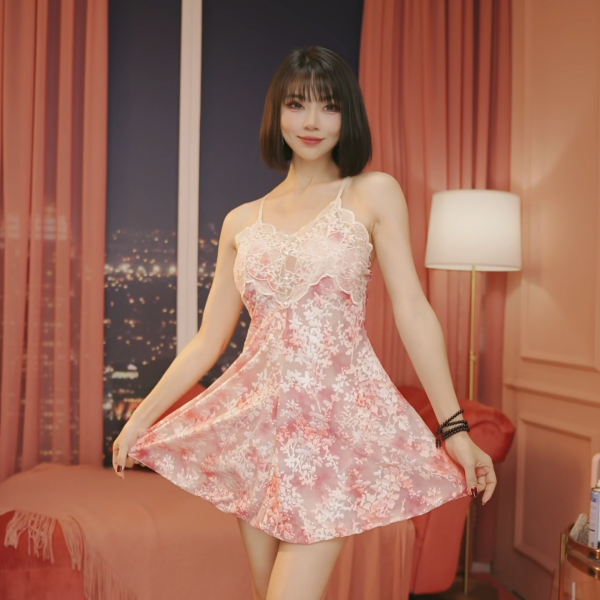 法式新款性感丝绒烧花吊带纯欲睡衣蕾丝美背V领胸垫爆款2025睡裙