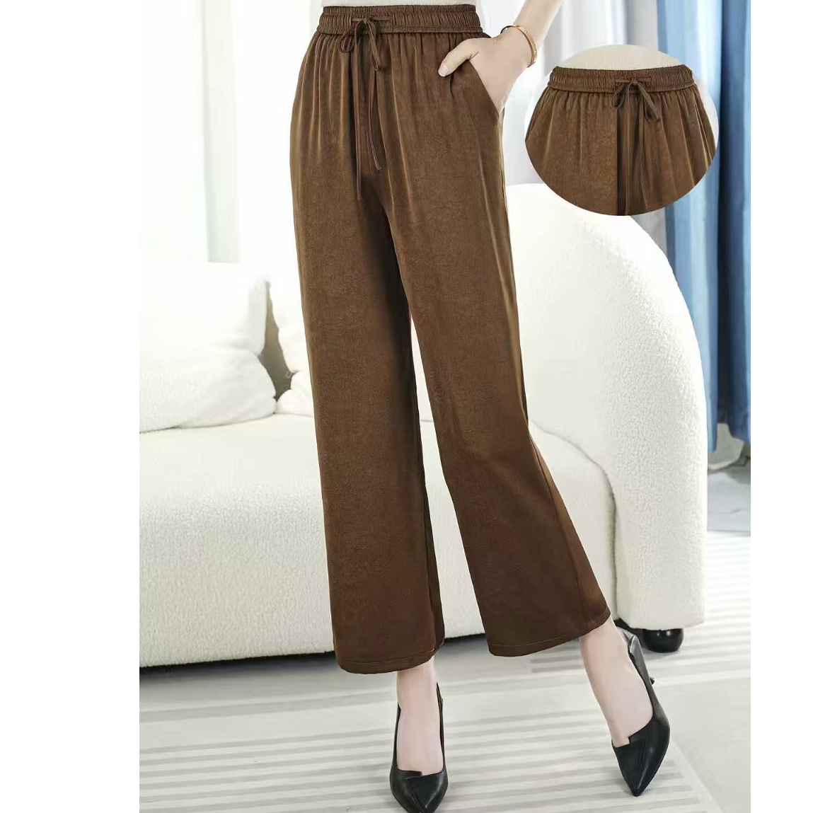 春秋四季百搭女士松紧腰长裤九分直筒裤女时尚洋气妈妈装柔软舒适