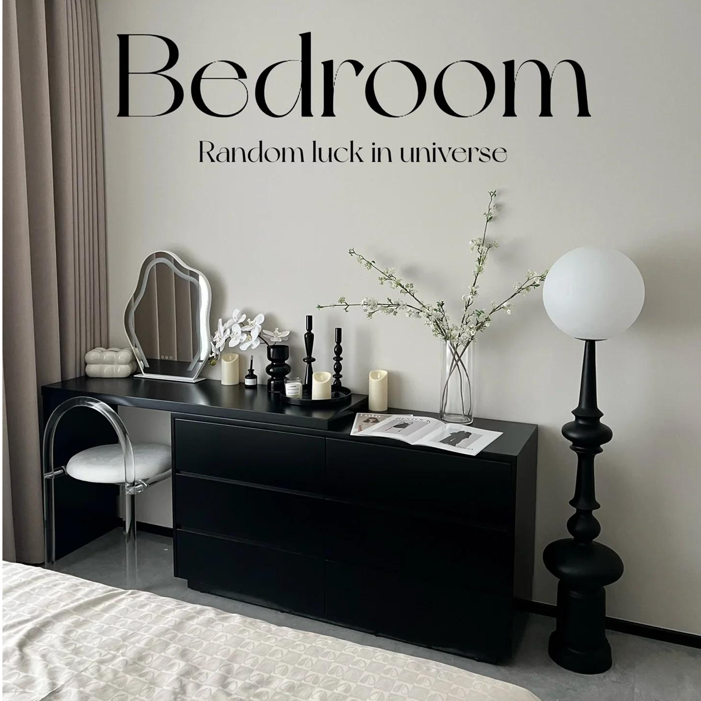 网红云锦实木梳妆台斗柜一体黑色复古化妆桌现代极简卧室床尾斗柜