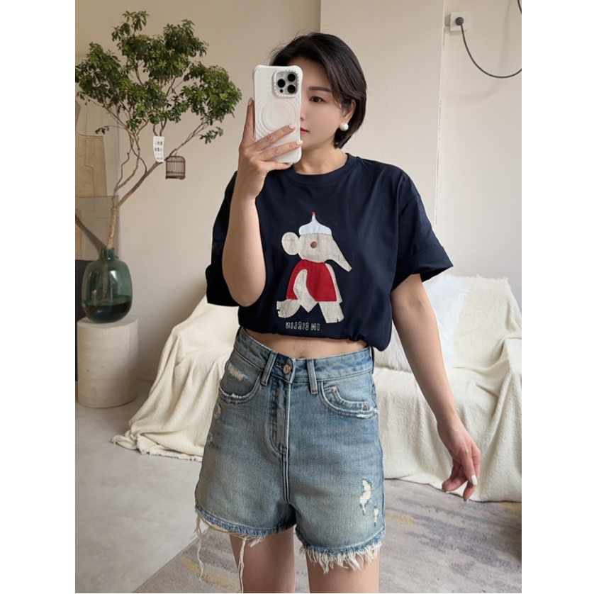 【卡蔓陈LILI】夏季莱赛尔破洞四分牛仔短裤高腰直筒毛边热裤 9103