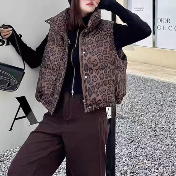 潮流豹纹立领马甲短款时尚休闲百搭